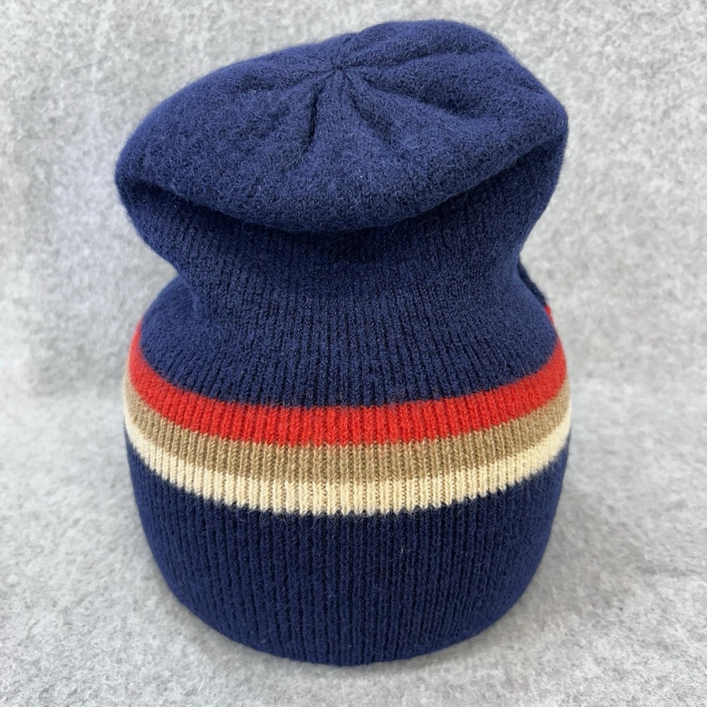 Meister Wool Vintage Knit Beanie Hat Striped Blue Red Tan Made in Hong Kong 80s